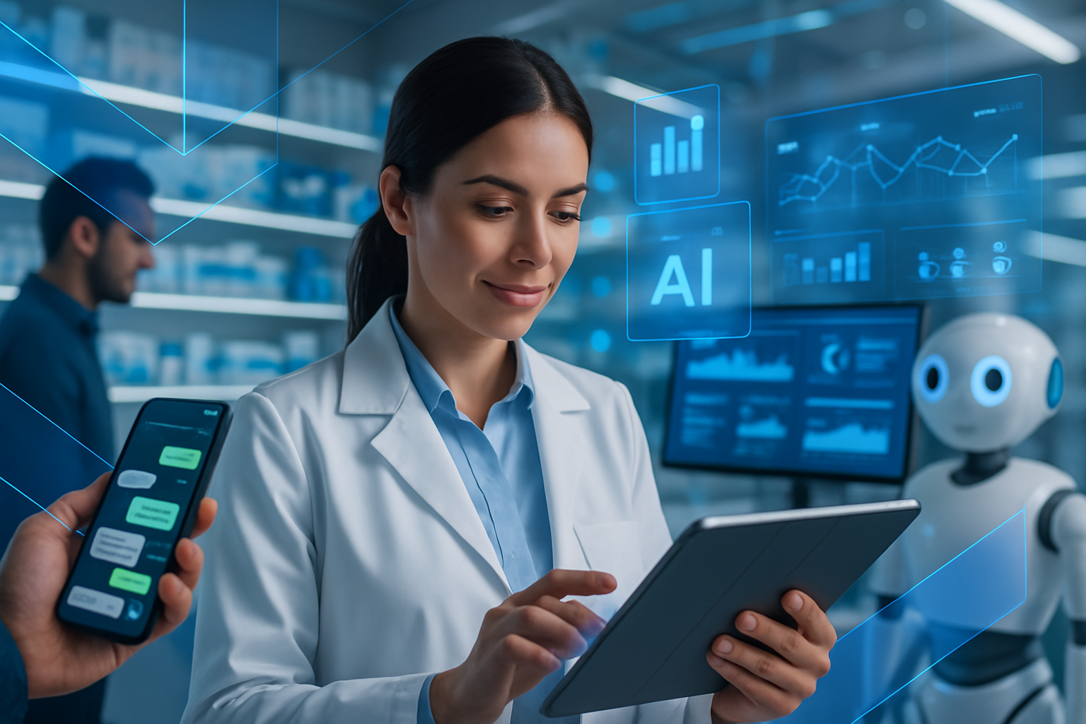 Drogaria moderna utilizando soluções inteligentes FarmaRobotics com IA, automação e tecnologia avançada para competir com grandes redes farmacêuticas